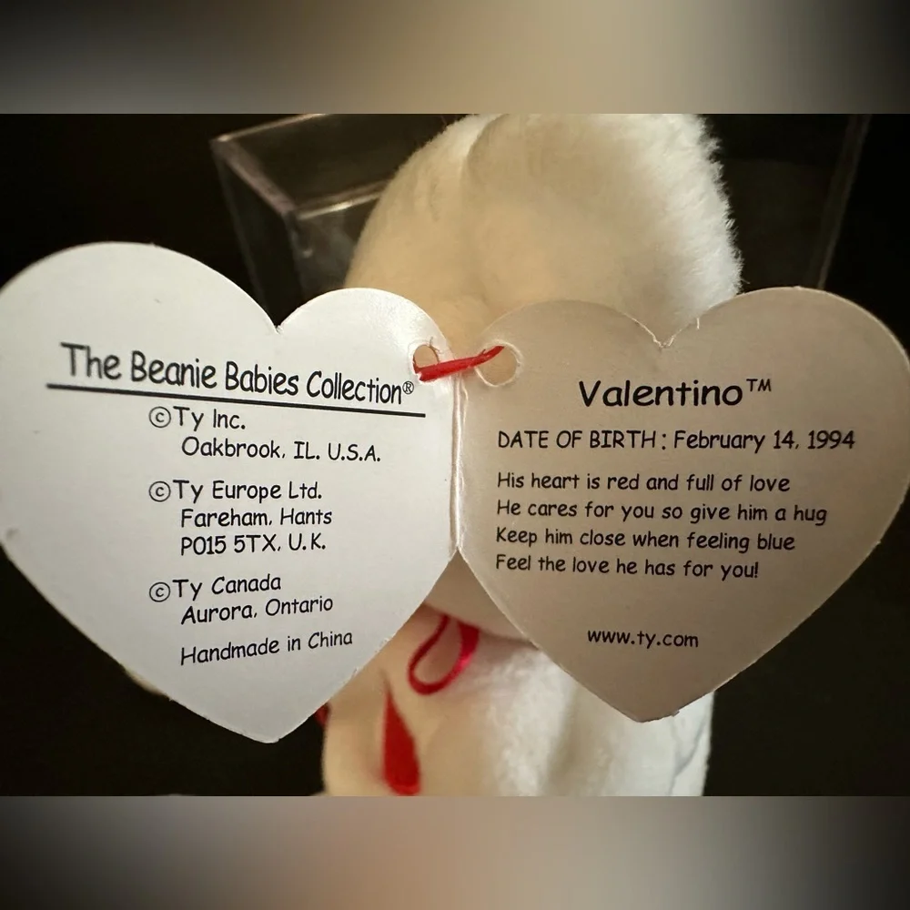 Ty Valentino Beanie Baby 1994 White Bear Near Mint w/ Tag Protector & Case